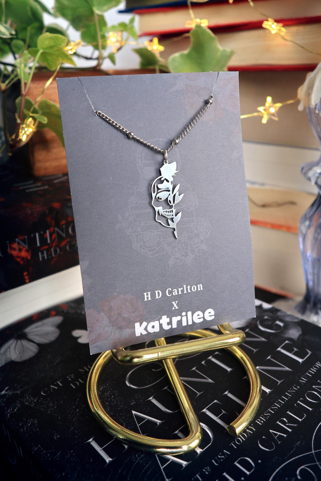 Haunting Adeline Stainless Steel Gold and Silver Skull Rose Necklace, H D Carlton Dark Romance Bookish Merch, Gift For Reader