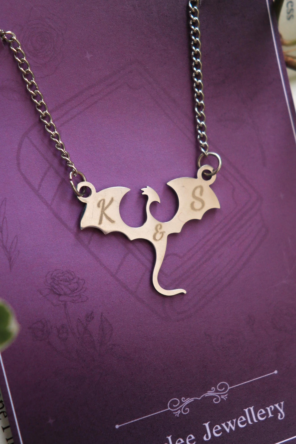 Personalized Dragon Monogram Necklace: Silver Gold Wyvern Pendant