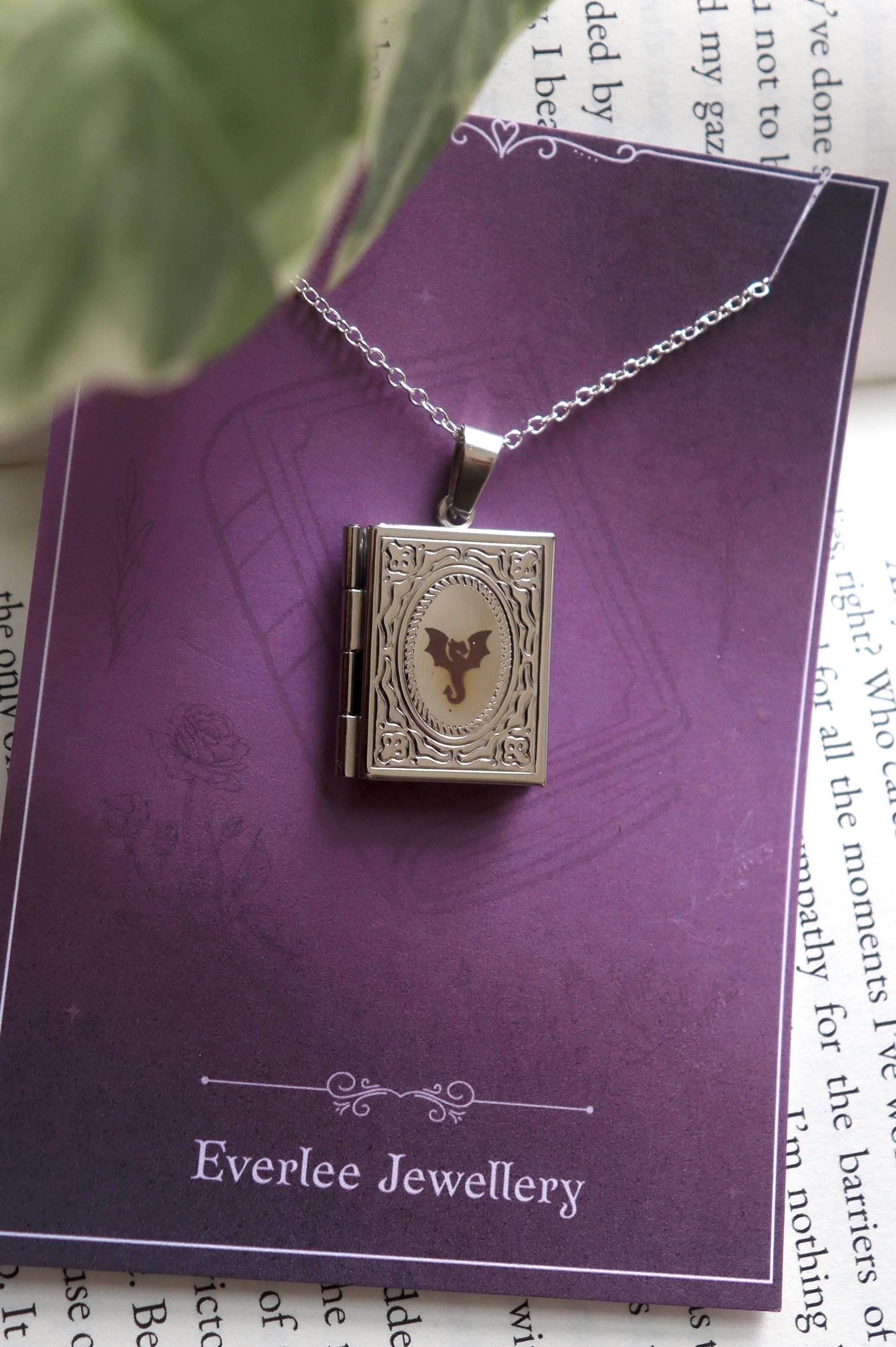 Dragon Book Locket necklace, Wyvern pendant necklace, silver gold stainless steel, bookish reader gift, picture locket DnD Fantasy Jewellery