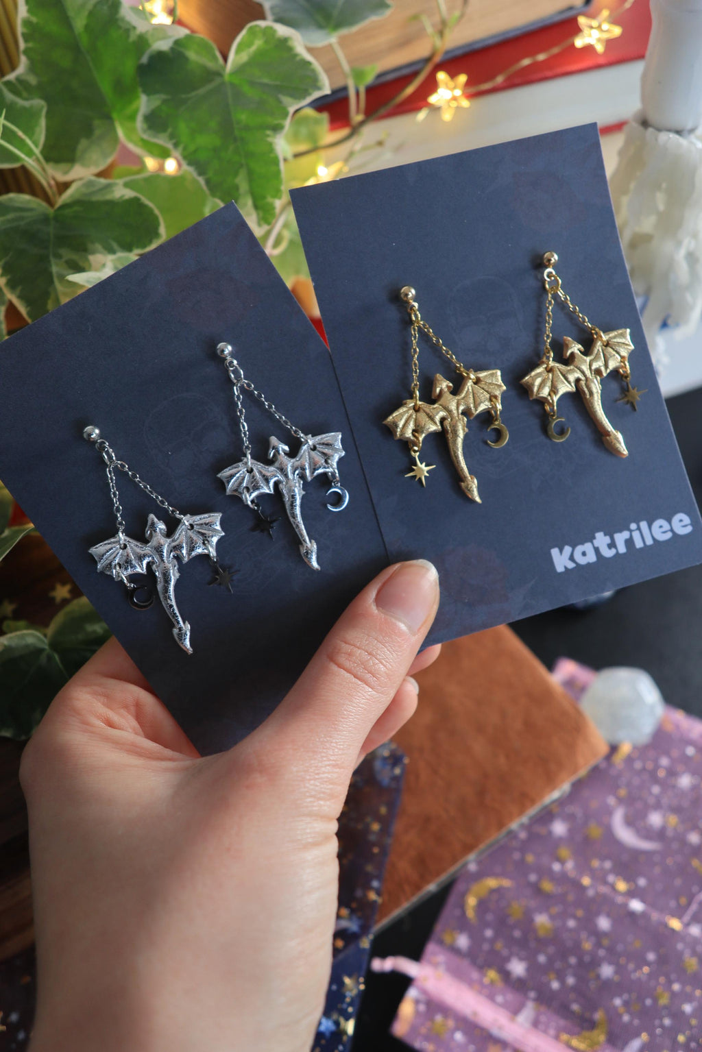 Silver Dragon Dangle Earrings: Stainless Steel Star Moon Studs