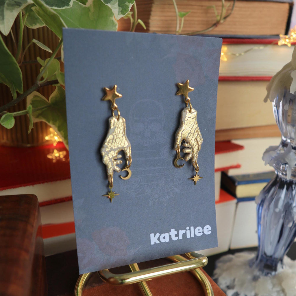 Celestial Hand Dangle Earrings: Gold Moon & Star, Witchy Gothic Jewelry