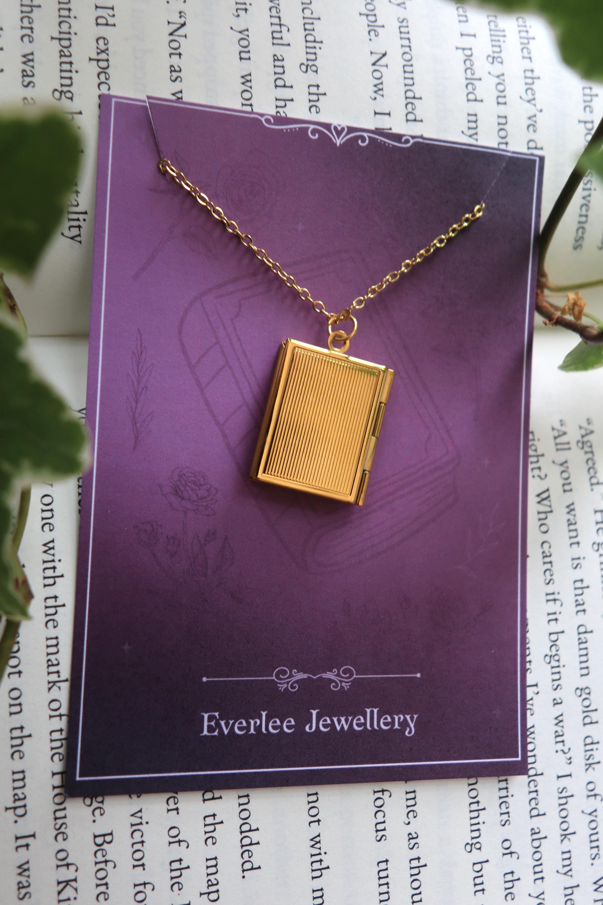 Personalised Book Locket necklace, monogram name pendant necklace, silver gold stainless steel, bookish reader gift, picture locket