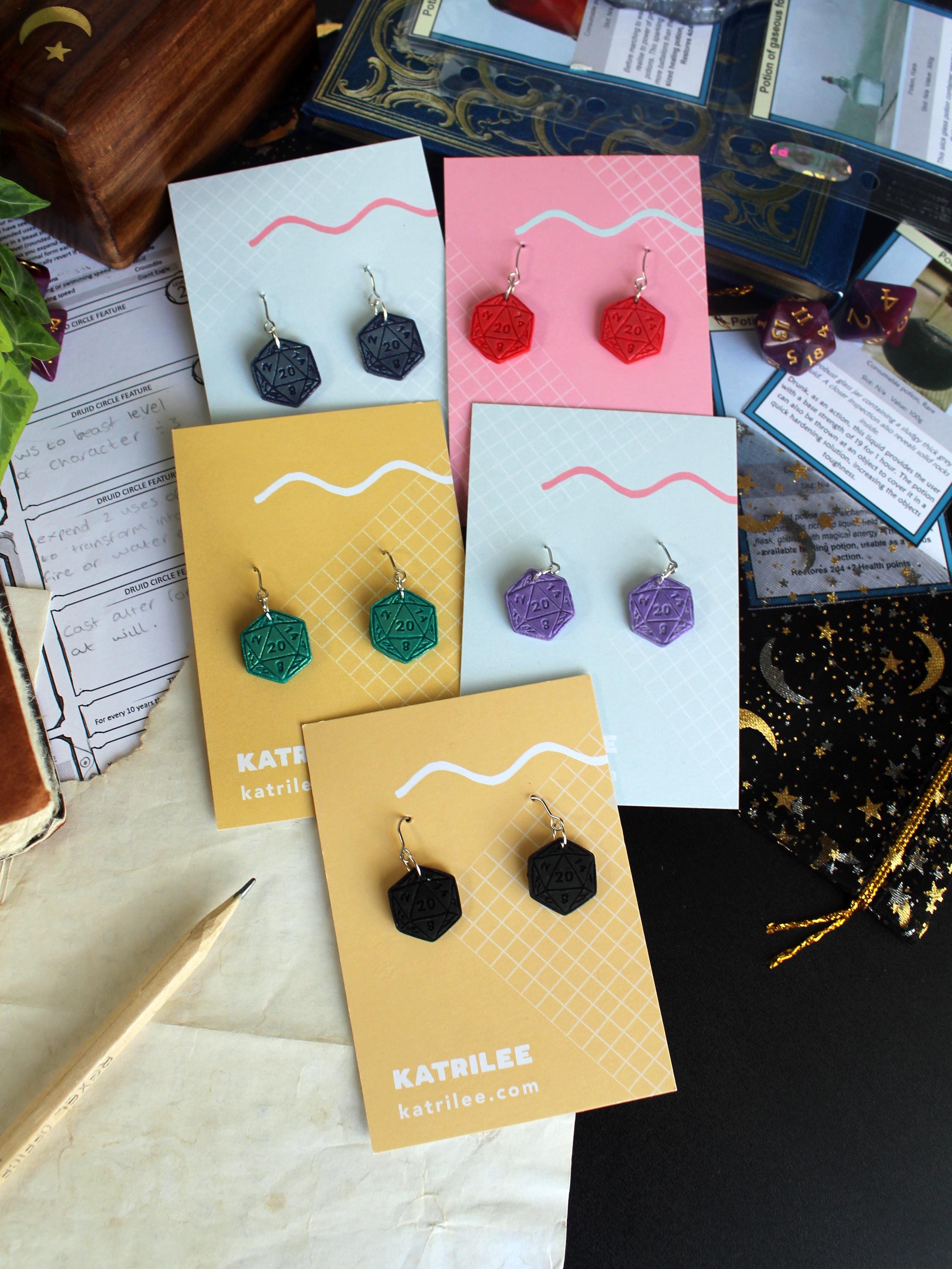 D20 Dice Dangle Earrings, Polymer Clay, Role Playing Games, DnD Board Games, Gothic, Fantasy, Dragon Dungeon Game Geeky Dungeon Master Gifts