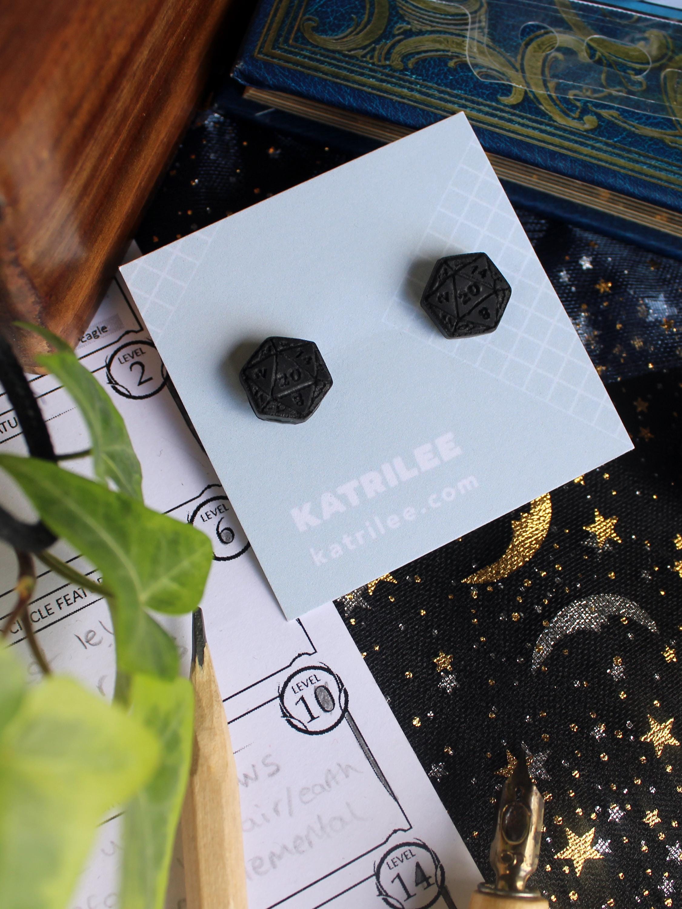 D20 Dice stud Earrings, Polymer Clay, Role Playing Games, DnD Board Games, Gothic, Fantasy, Dragon Dungeon Game Geeky Dungeon Master Gifts