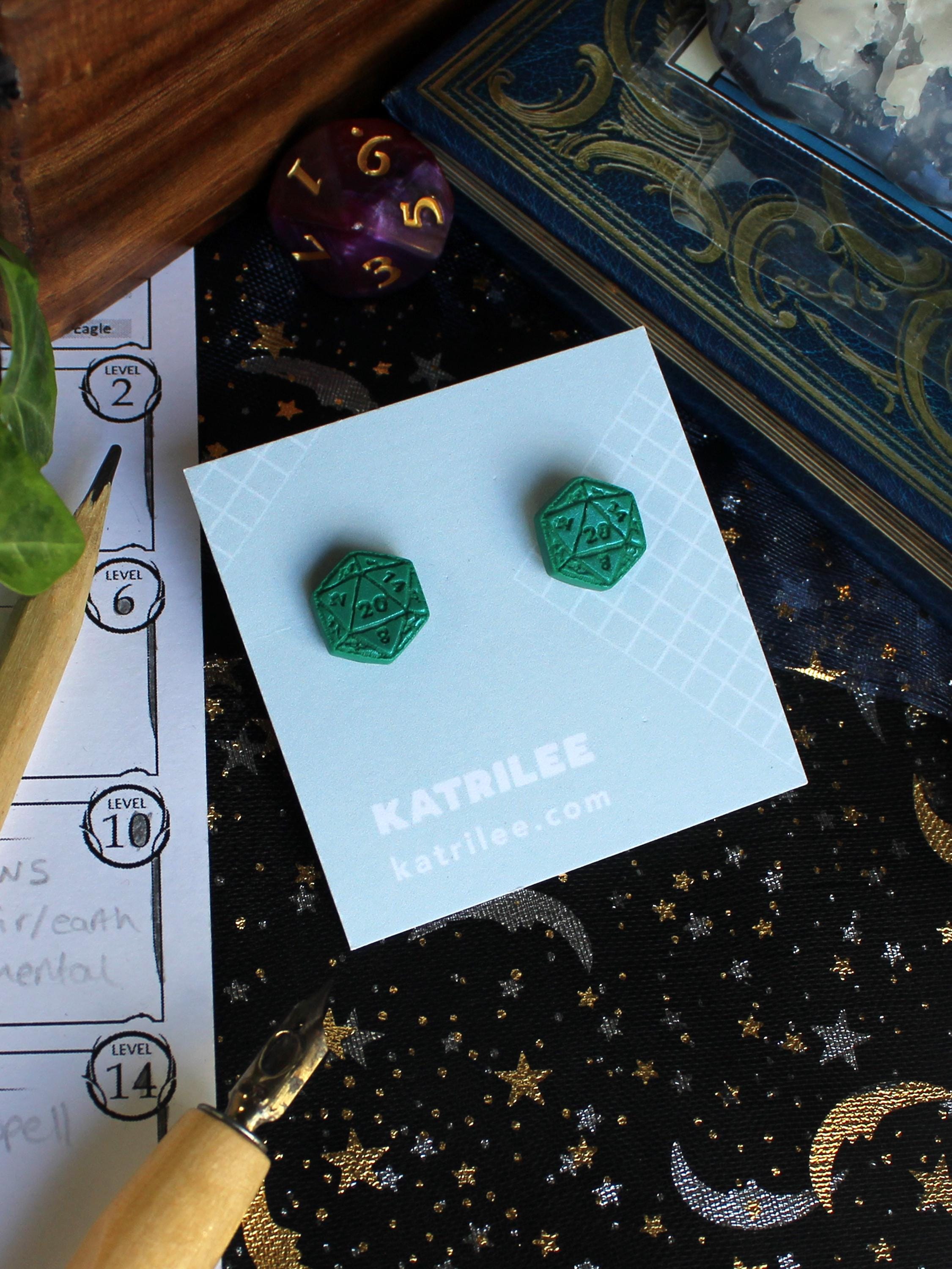 D20 Dice stud Earrings, Polymer Clay, Role Playing Games, DnD Board Games, Gothic, Fantasy, Dragon Dungeon Game Geeky Dungeon Master Gifts