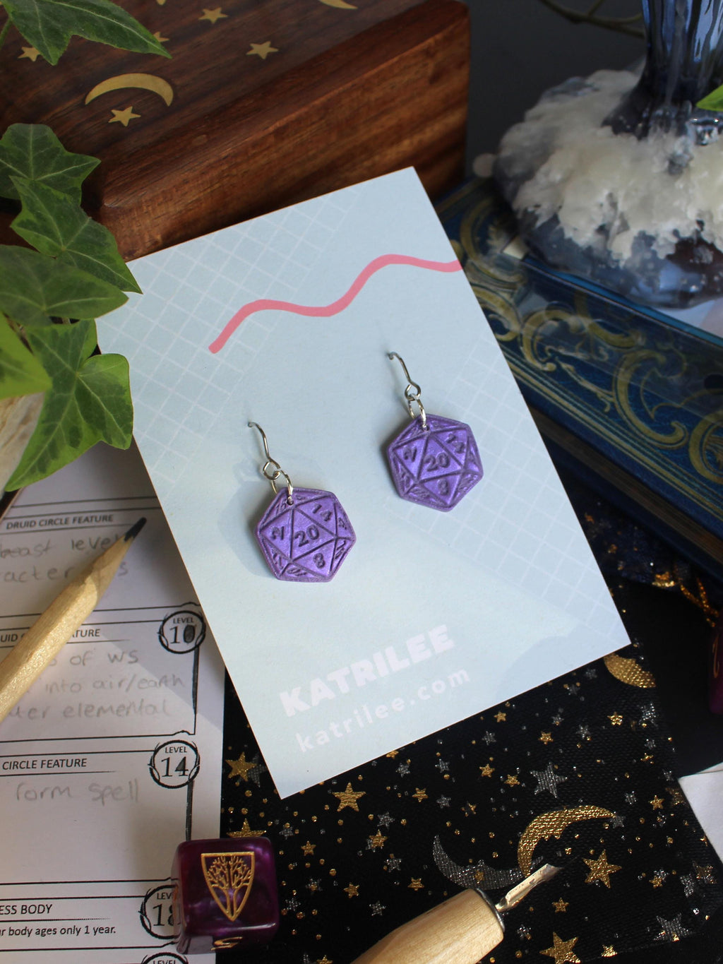 D20 Dice Dangle Earrings, Polymer Clay, Role Playing Games, DnD Board Games, Gothic, Fantasy, Dragon Dungeon Game Geeky Dungeon Master Gifts