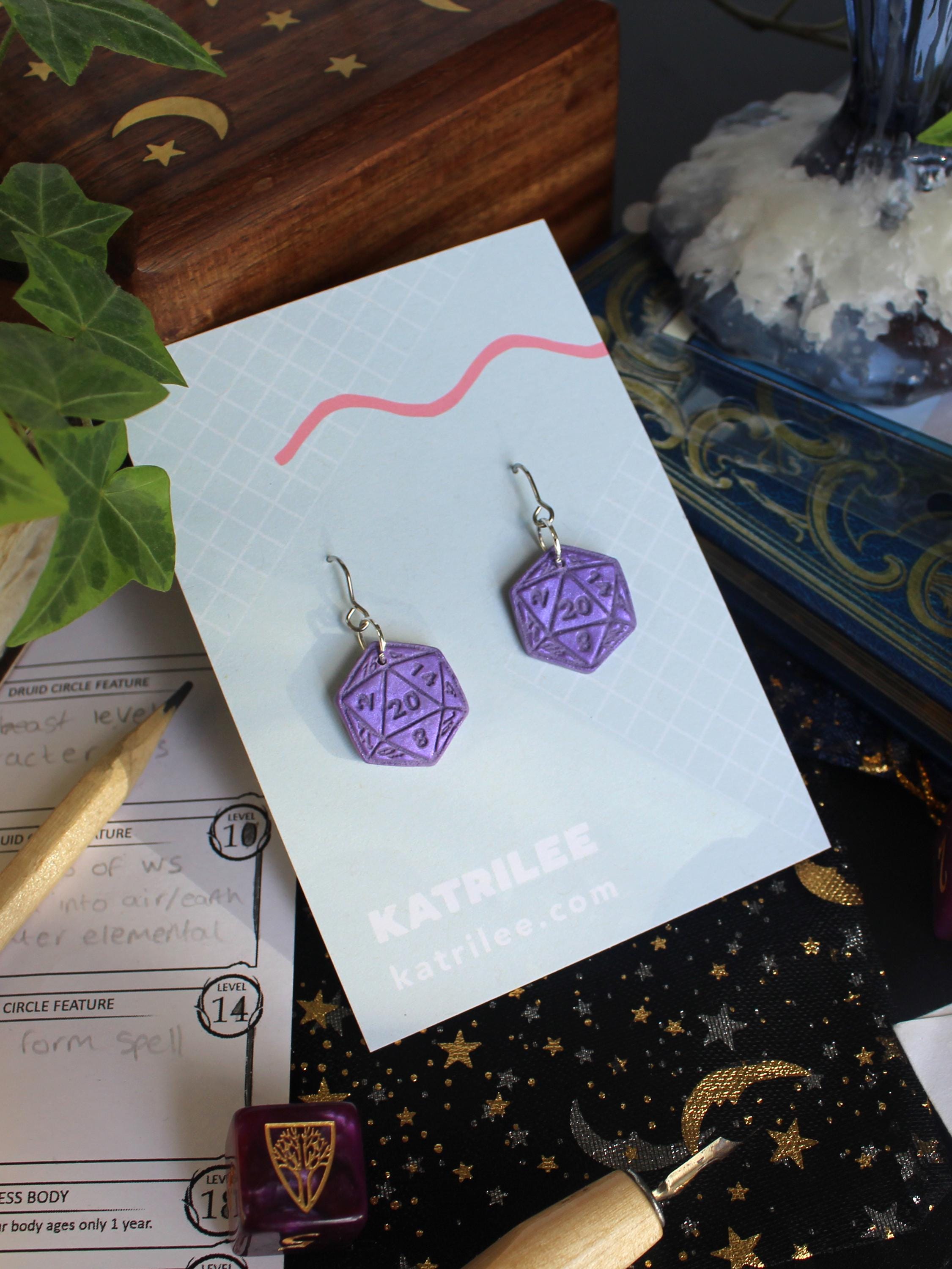 D20 Dice Dangle Earrings, Polymer Clay, Role Playing Games, DnD Board Games, Gothic, Fantasy, Dragon Dungeon Game Geeky Dungeon Master Gifts