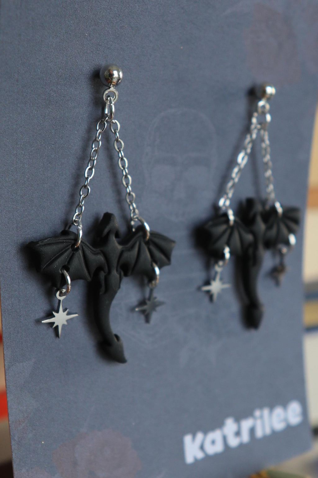Black Dragon Dangle Earrings, Star and Moon Stainless Steel Studs, Polymer Clay, Wyvern Fantasy Celestial Bookish Gothic Witchy Gift For Her