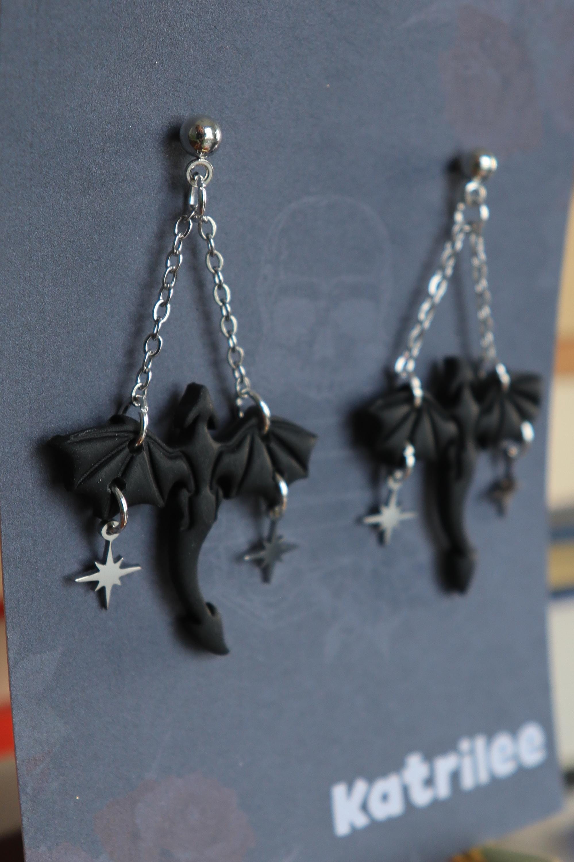 Black Dragon Dangle Earrings, Star and Moon Stainless Steel Studs, Polymer Clay, Wyvern Fantasy Celestial Bookish Gothic Witchy Gift For Her
