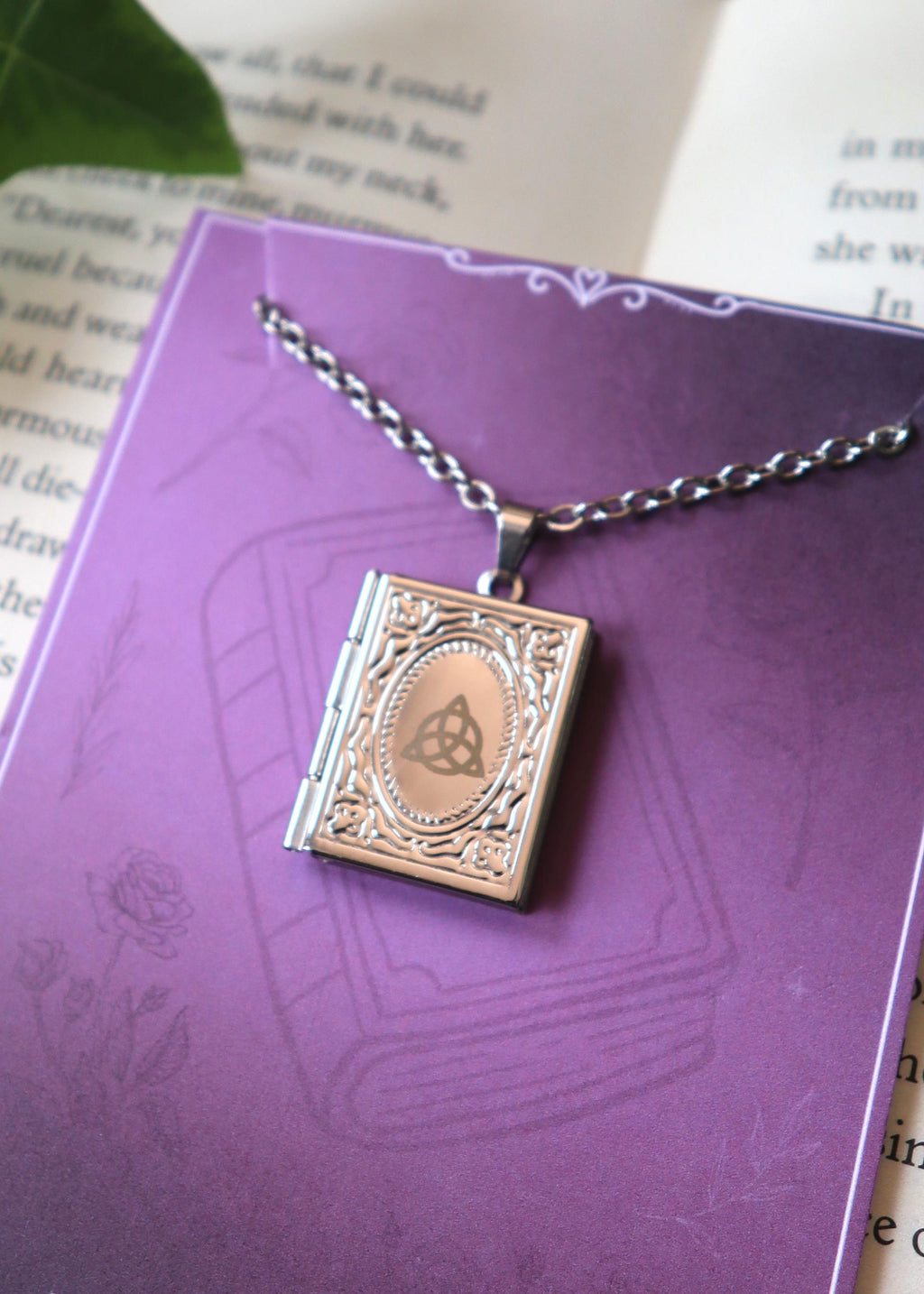 Celtic Knot Book Locket necklace, Trinity Know pendant necklace, silver gold stainless steel, Witchy Triquetra Jewellery
