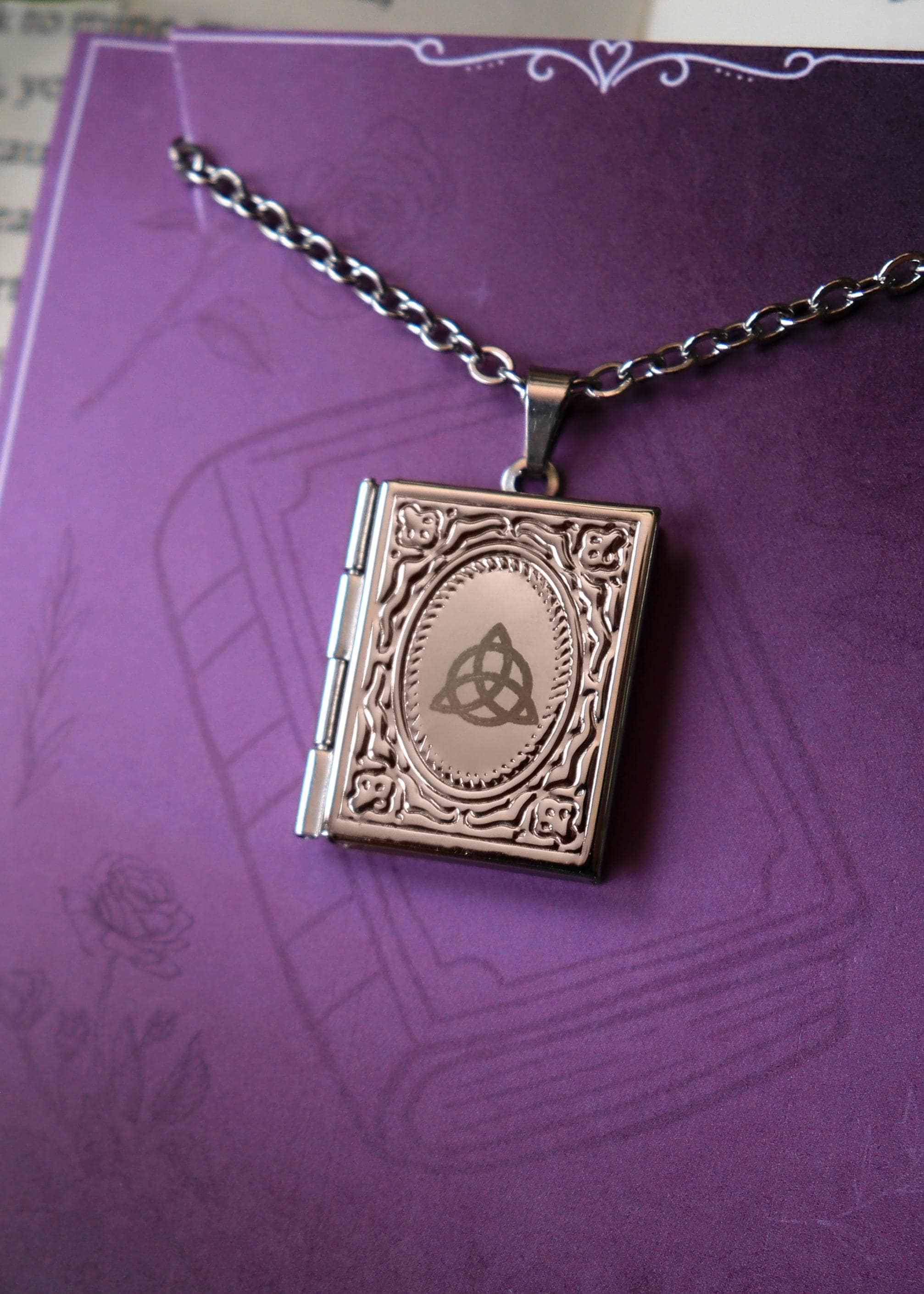 Celtic Knot Book Locket necklace, Trinity Know pendant necklace, silver gold stainless steel, Witchy Triquetra Jewellery