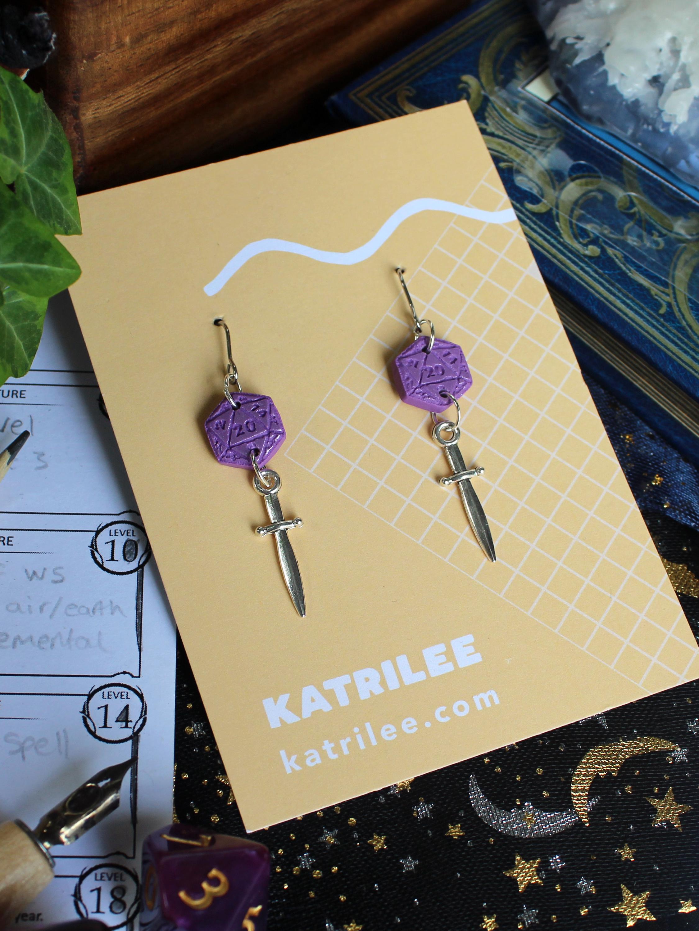 D20 Dice Sword Dangle Earrings, Polymer Clay, Dagger, Role Playing Games, DnD Board Games, Gothic, Fantasy, Dragon Dungeon Master Gifts