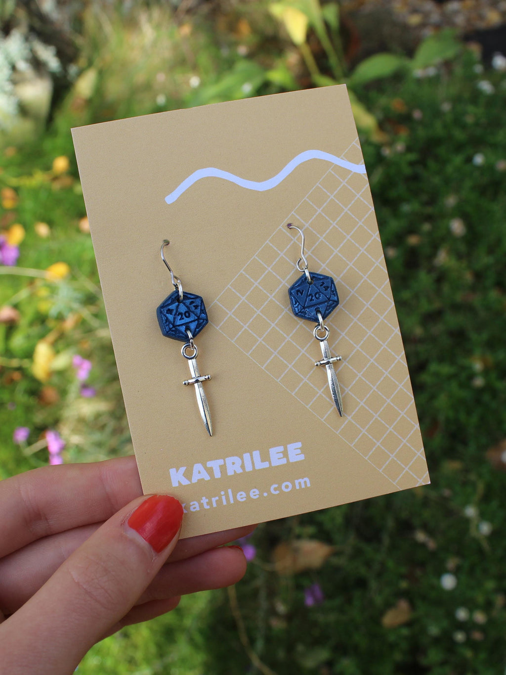 D20 Dice Sword Dangle Earrings, Polymer Clay, Dagger, Role Playing Games, DnD Board Games, Gothic, Fantasy, Dragon Dungeon Master Gifts