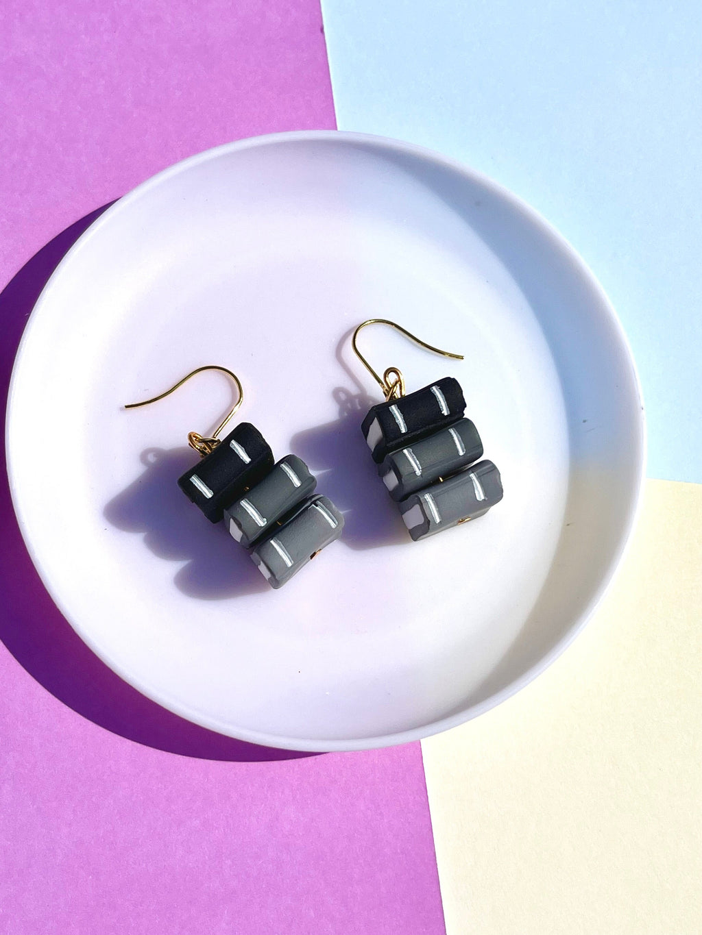 Book Stack Polymer Clay Dangle Earrings, Handmade Rainbow Bookish Earrings, Pastel Black Monochrome Reader Book Lover, Surgical Steel, Pride