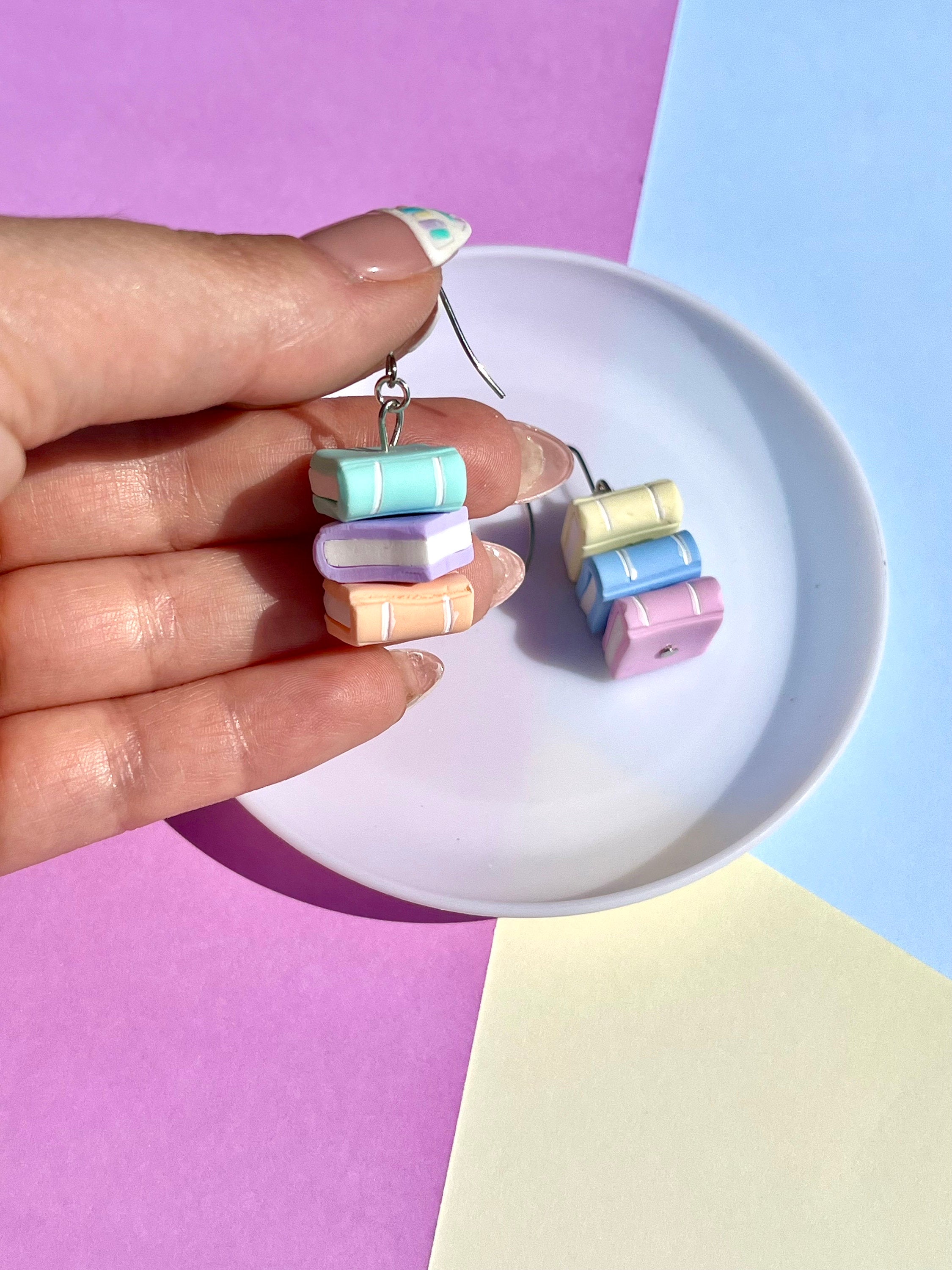 Book Stack Polymer Clay Dangle Earrings, Handmade Rainbow Bookish Earrings, Pastel Black Monochrome Reader Book Lover, Surgical Steel, Pride