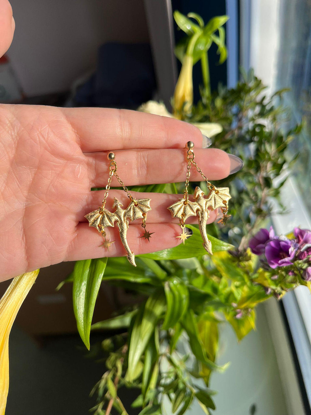 Gold Dragon Dangle Earrings: Stainless Steel Star Moon Studs, Gothic Fantasy Jewelry