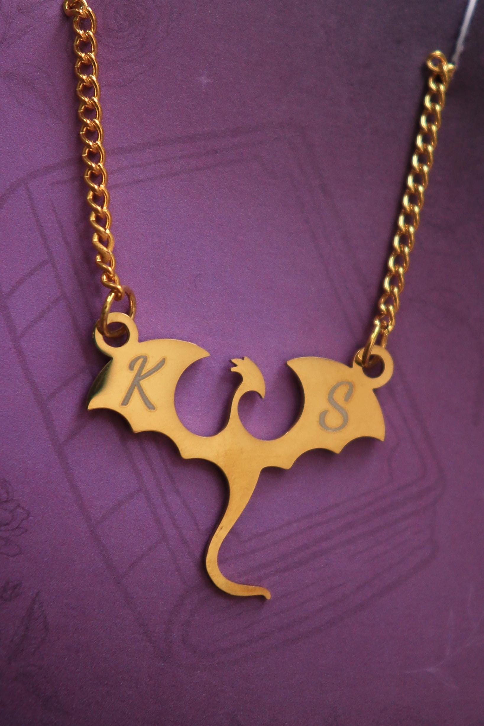 Personalized Dragon Monogram Necklace: Silver Gold Wyvern Pendant