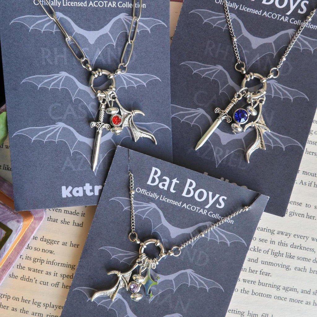 ACOTAR Officially Licenced Bat Boys Charm Necklace, Stainless Steel Pendant Necklace, Crystal Pendant, Azriel Rhysand Cassian, Bookish Merch