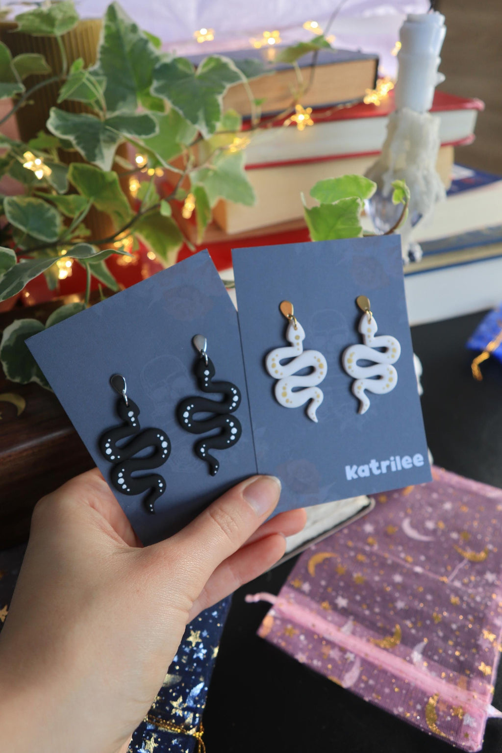 White Snake Earrings, Stainless Steel Gold and Silver, Gothic Witchy Dangle Earrings, Fantasy Bookish Jewellery, Handmade Gift