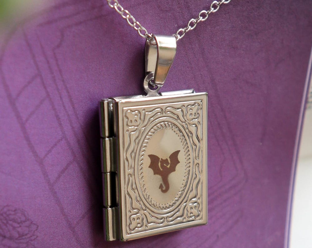Dragon Book Locket necklace, Wyvern pendant necklace