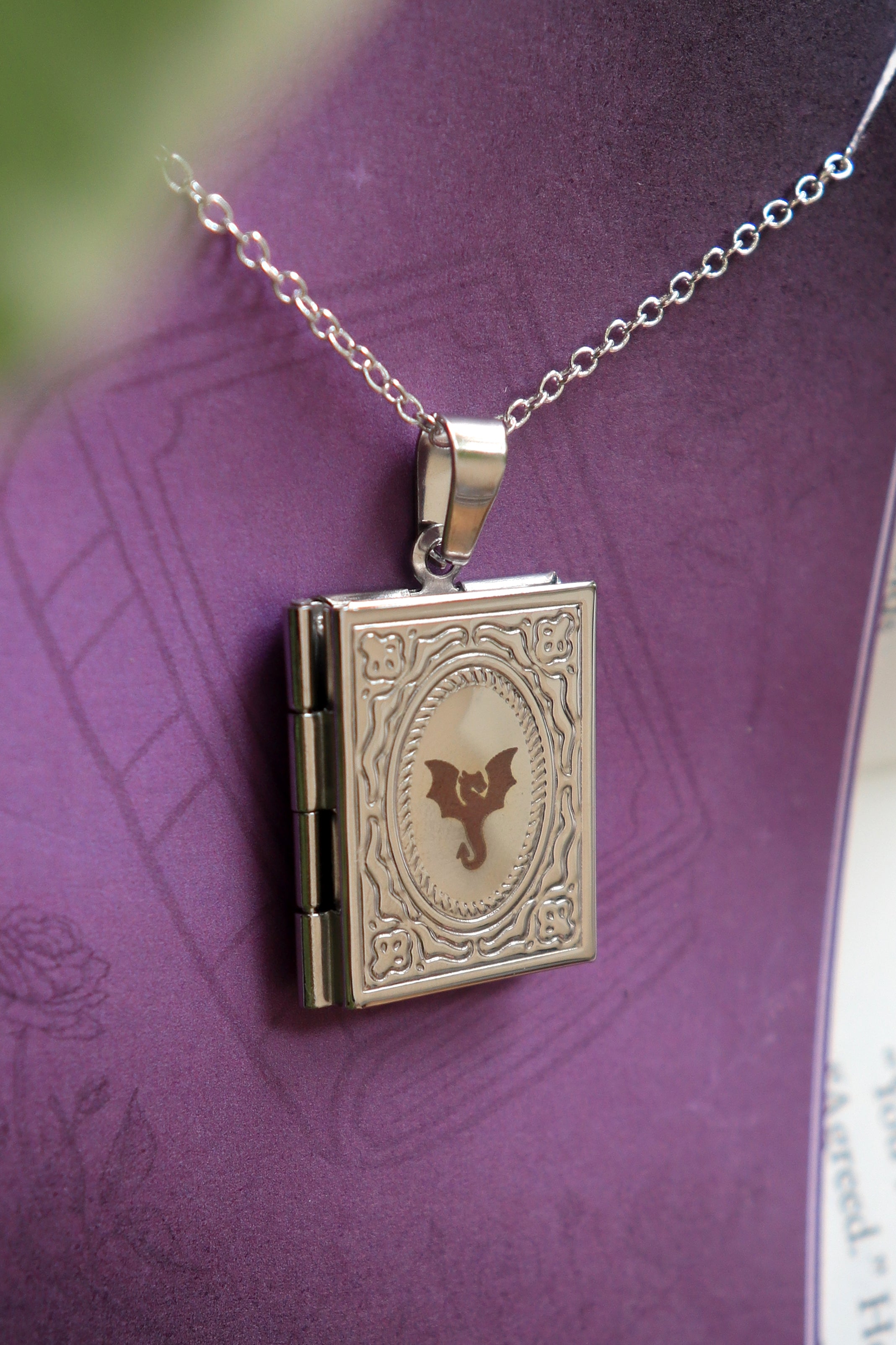 Dragon Book Locket necklace, Wyvern pendant necklace
